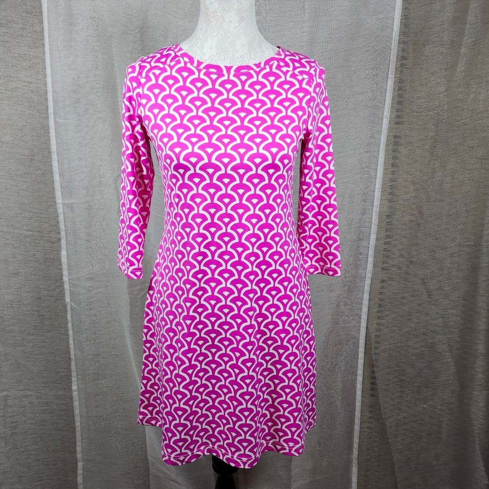 Barbara Gerwit‎ XS Pink White Geometric Print Dress 3/4 Sleeve Stretch Nylon